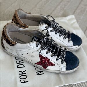 Golden Goose Superstar Denim Toe White Leather, Red Glitter Star & Leopard Laces